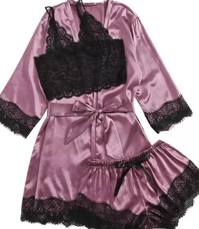 

Lace Lingerie Set sexy women silk pyjama nightie Belted Robe 3 Pcs Ladies Satin Pajamas womens pajama set