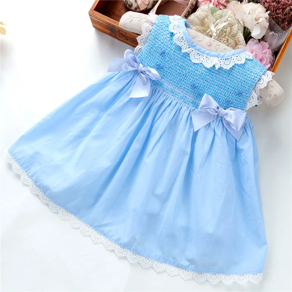 

B14760 summer kids clothing toddler baby girls smocked dresses solid blue casual children outfit wholesale
