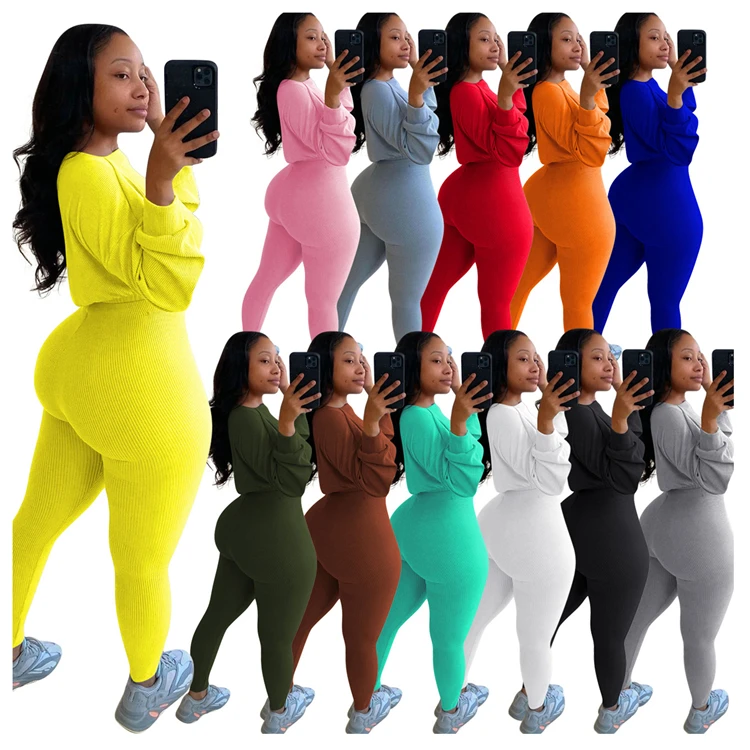 

W17 2021 Sports Leisure Solid Color Women Jumpers And Rompers Two Piece Pants Set Plus Size Women Clothing