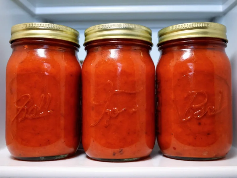 Glass jars of homemade pasta sauce in freezer
