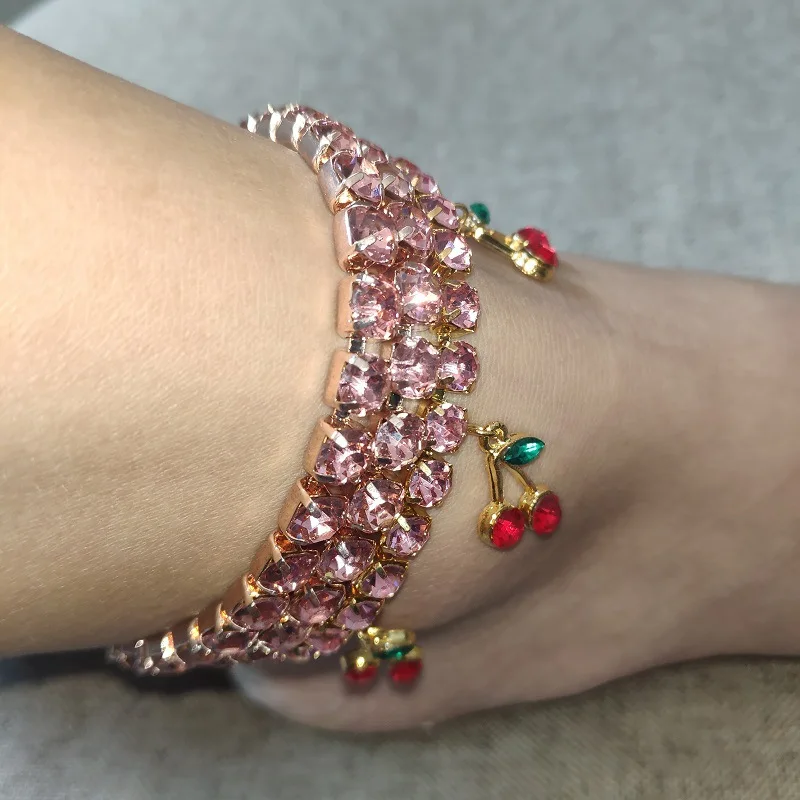 

Summer Beach Jewelry 18K Gold Plated Cherry Anklet Sparkling Rhinestone Crystal Tennis Chain Fruit Cherry Anklets For Lady, Picture shows