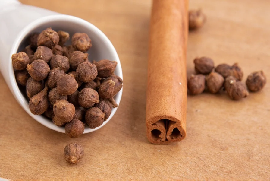 Cinnamon sticks and whole cloves arranged together on wooden background