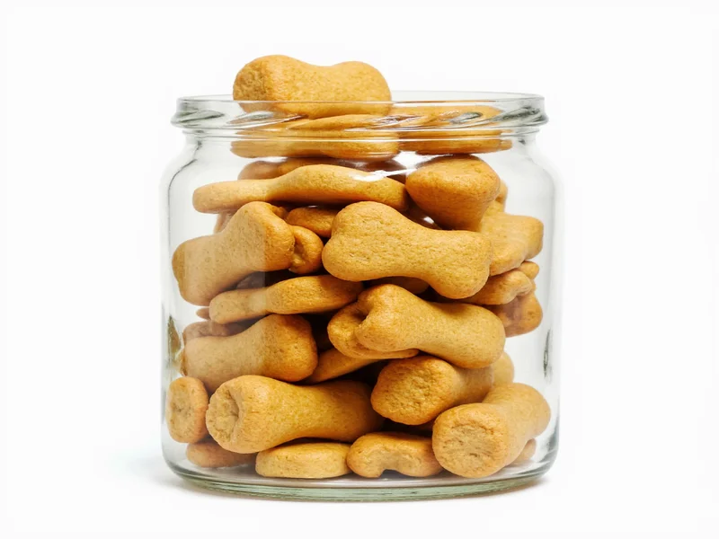 Stack of golden homemade dog biscuits in glass jar