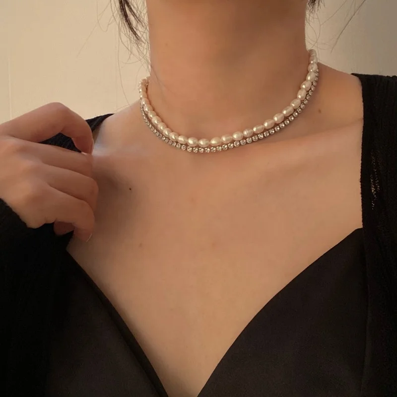 

French Dainty Simple Jewelry Real Gold Plated Layered Natural Freshwater Pearl Full Diamond Micro inlay Zircon Choker Necklace