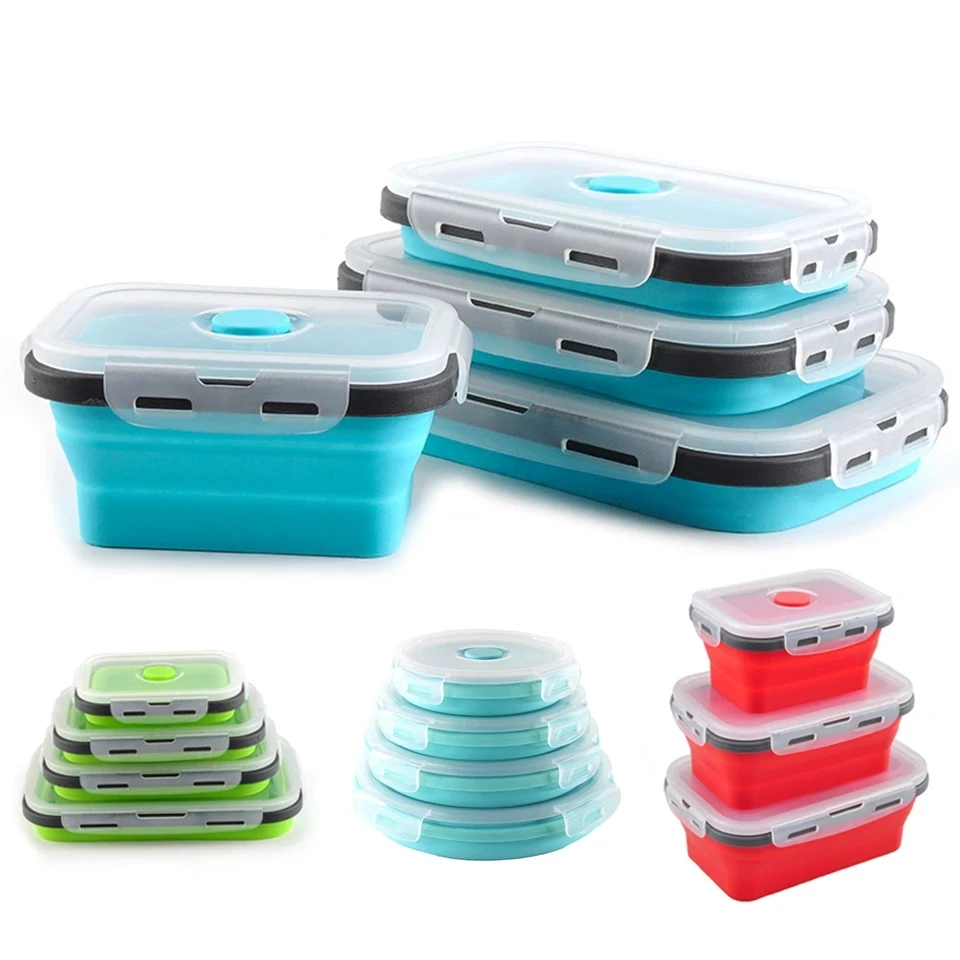 

Round Silicone Folding Lunch Box Set Microwave Folding Bowl Portable Folding Food Container Box Salad Snack Bowl With Lid, Blue, red, green, pink, grey blue