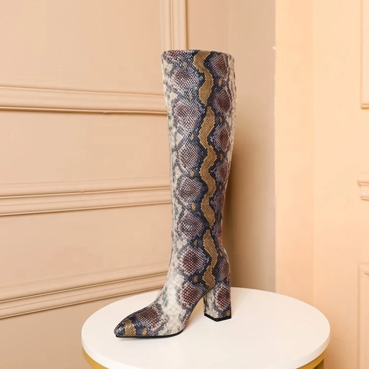 

New Arrivals Python Pattern Chunky Square Heel Women Slip-on Knee High Boots Pointed Toe Shoes Ladies Long Booties Large Size 48, Brown,blue