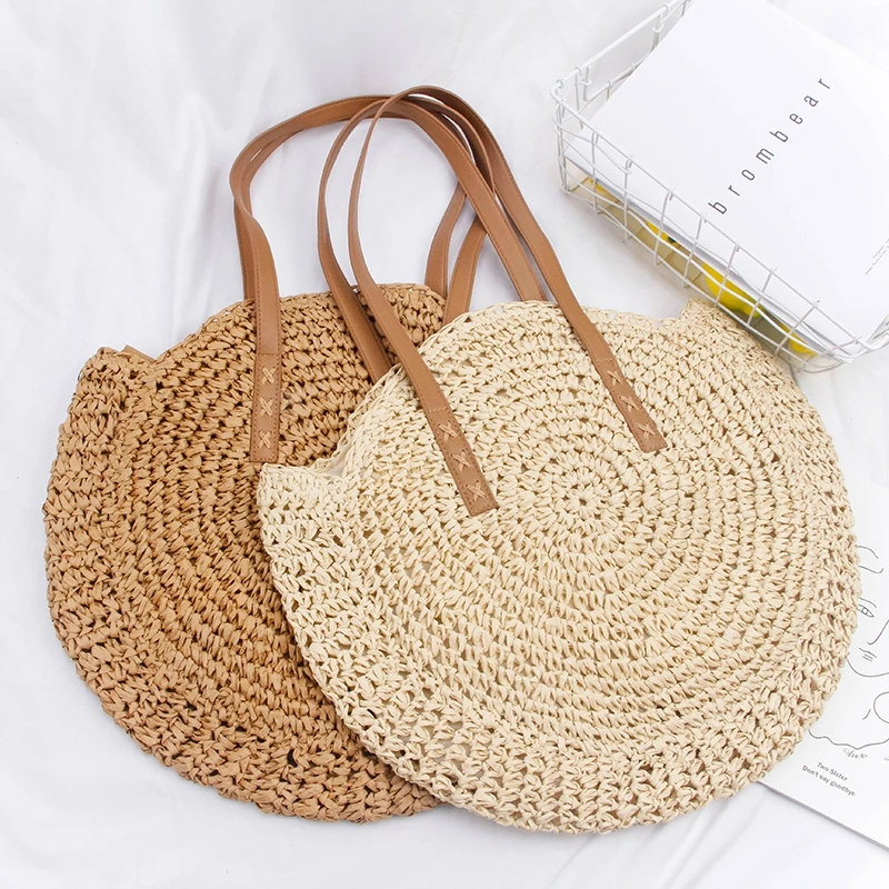 

Circle Rattan Handbags Beach Holiday Shoulder Bag Round Vintage Handmade Woven Straw Beach Bag