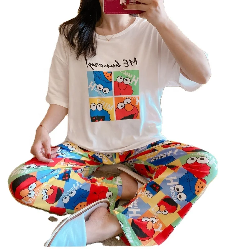 

Women Pajamas Set 2 Short Sleeve Pants Cartoon Round Collars Home Casual Wear Comfortable Breathable nighty