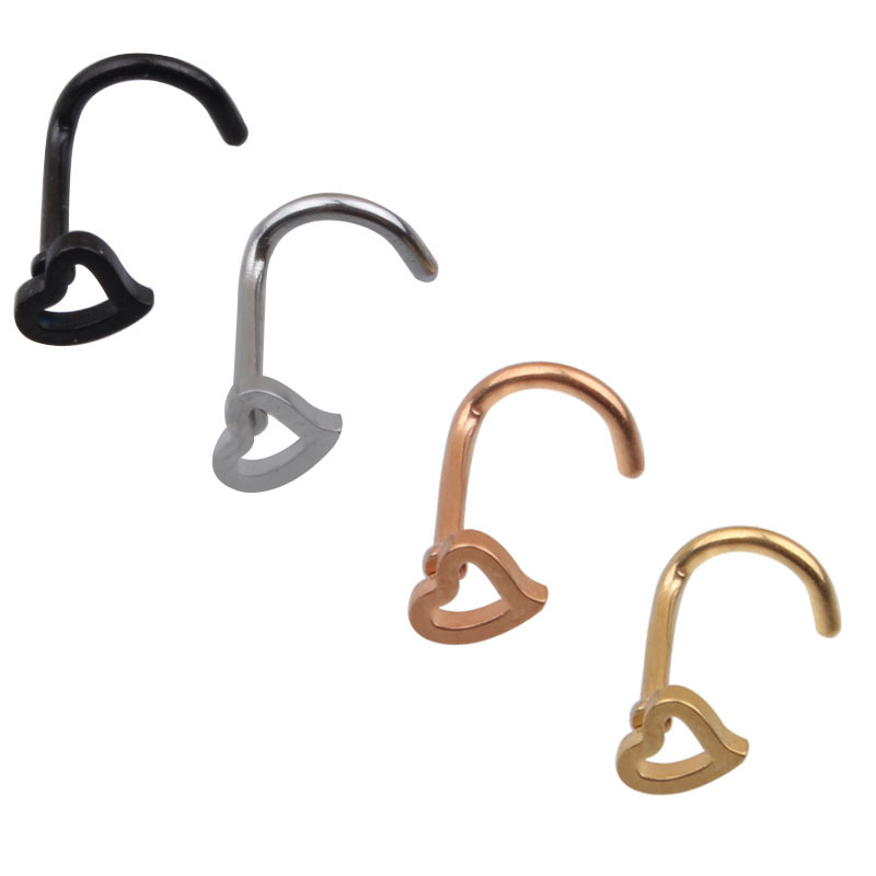 

Hongtong Wholesale Body Jewelry Gold-Plated Stainless Steel Hollow Heart-Shaped L-Shaped Nostril Nose Ring, Picture shows