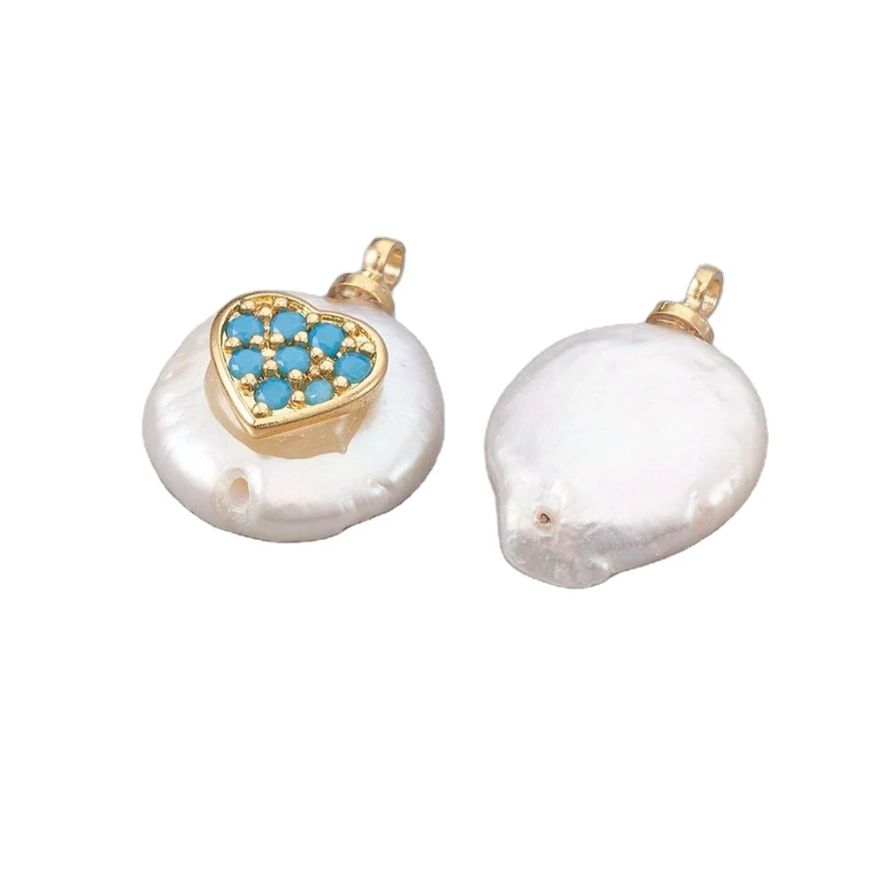 

PandaHall Gold with DeepSkyBlue Cubic Zircon Natural Heart Pearl Pendants