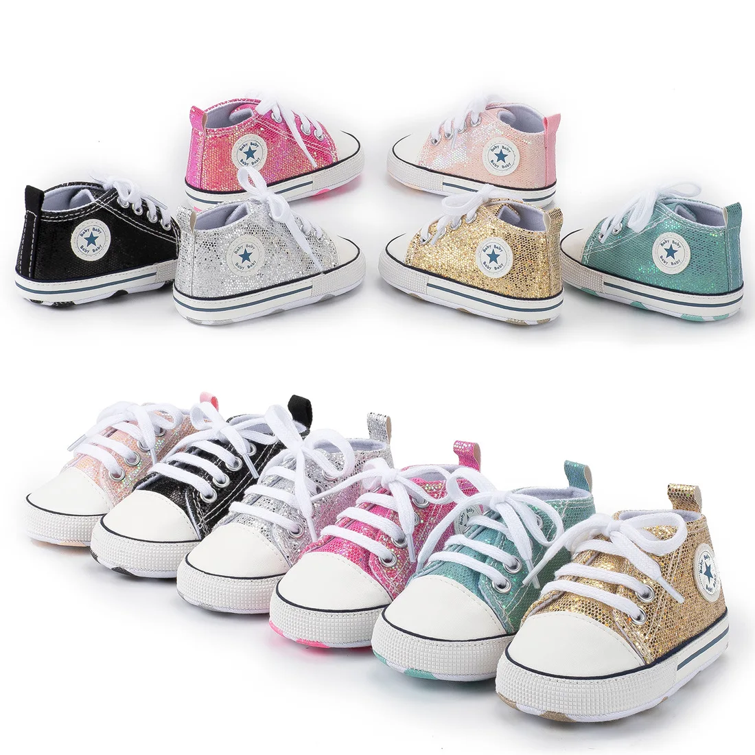 

Baby Boys Girls Canvas Shoes Toddler Sneakers Anti-Slip Infant First Walkers Newborn Sequined Canvas Baby Sneakers Baby Shoes, 12 colors