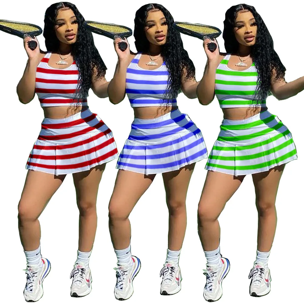 

EB-20051Summer Girls' Casual Tennis 2 Piece Set Dresses Ladies Sexy Two Piece Jersey Basketball Dresses Striped Tennis Skirt Set