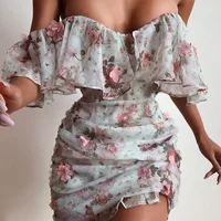 

Spring long sleeve floral printed off shoulder dress 2020 newest strapless lotus dress