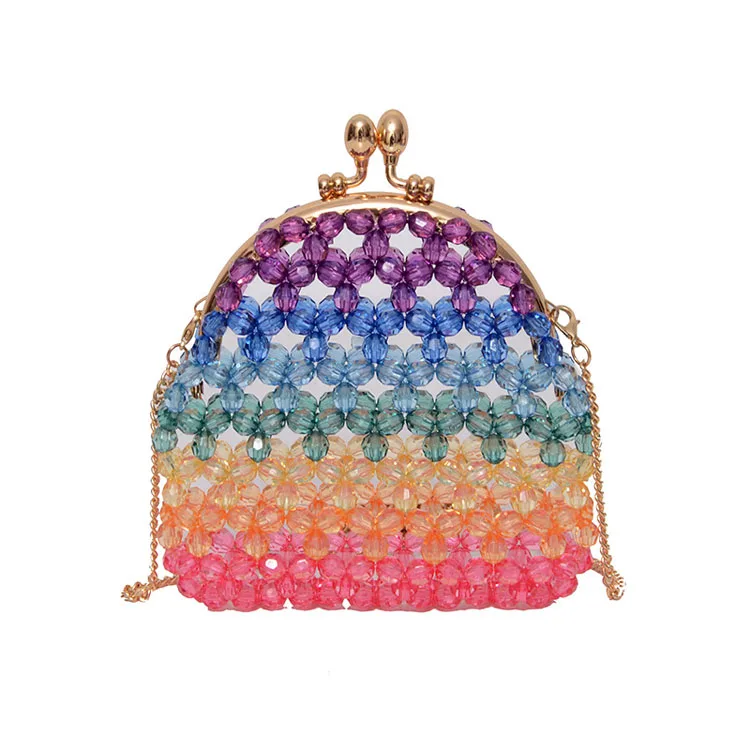 

Summer New Beaded Bag Female 2021 Rainbow Chain Obliquely Woven Cute Mini Rhinestones Bag, 1colors