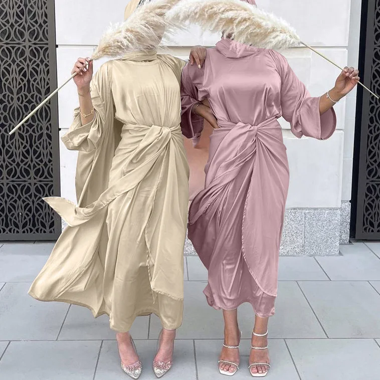 

Dropshipping Muslim Dress Three Piece Suit Wrap Skirt Modest Solid Satin Islamic Clothing Open Abaya, 5 colors in stock