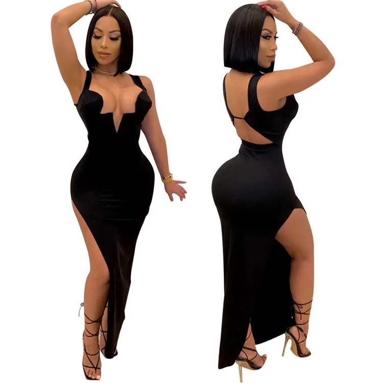 

Hot Sale Products Latest Design 2021 Women Clothing Solid Color Sexy Deep V Neck Backless Women Casual Dresses, As picture