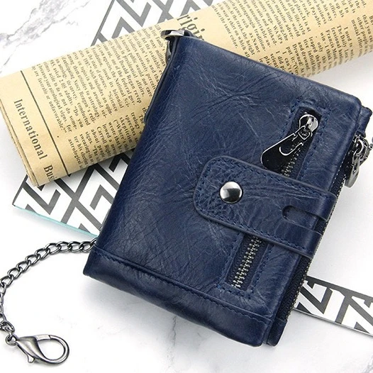 

RFID Anti-theft Chain First Layer Oil Wax Cowhide Multifunctional Double Dipper Men's Leather Wallet