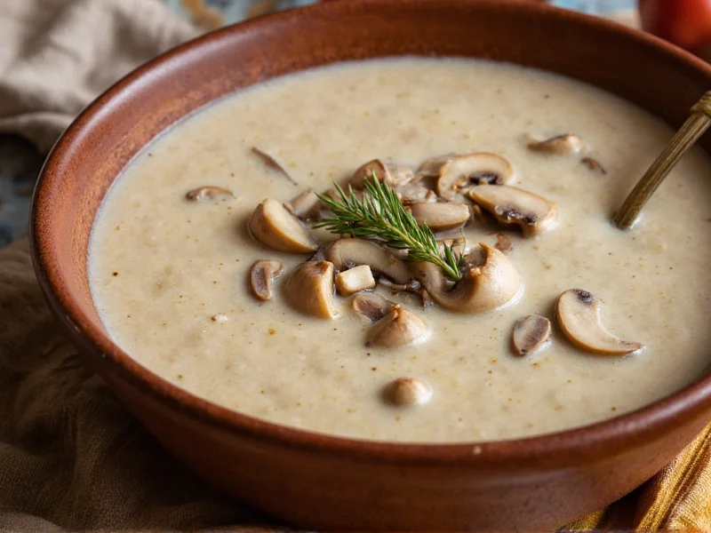 Creamy mushroom soup in rustic bowl with garnish