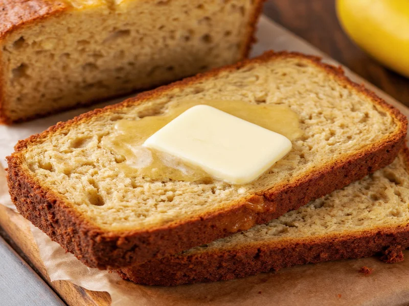 Sliced homemade banana bread with butter melting on top