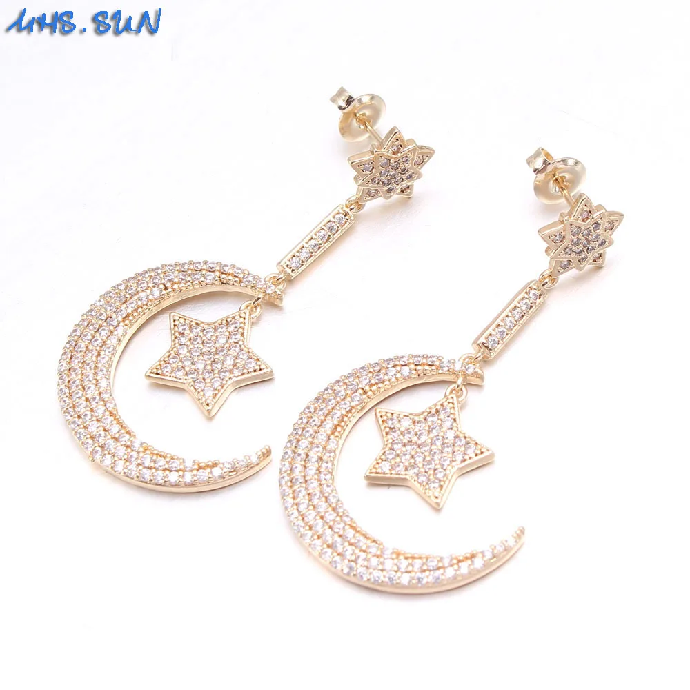 

MHS.SUN New 18K Gold Plated Zircon Moon Star Stud Earrings Fashion 3A CZ Women Earrings Vintage Accessories Jewelry