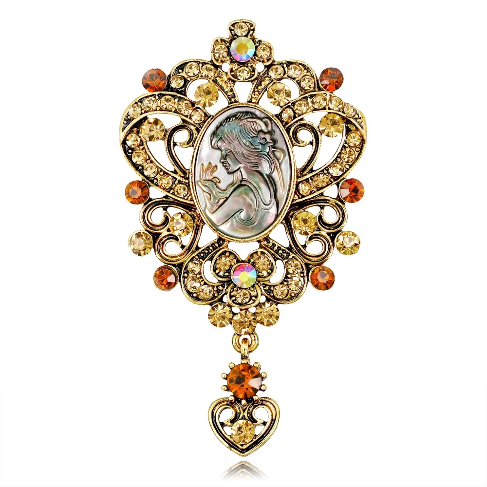 

Rhinestone Queen Dark Gold Pin Retro Style Beauty Head Brooch