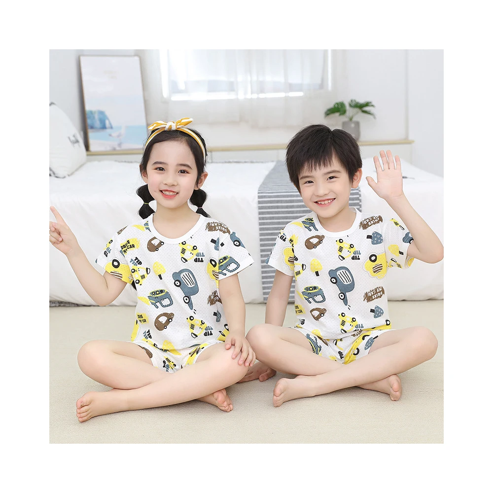 

Summer children's clothing Baby boys girls sleepwear kids pajamas short sleeve T-shirt and shorts 2pcs cotton clothing set, As shown