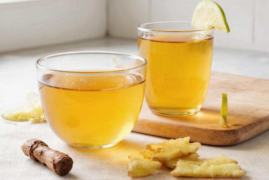 Fresh ginger root being sliced for tea preparation with measuring cup and boiling water
