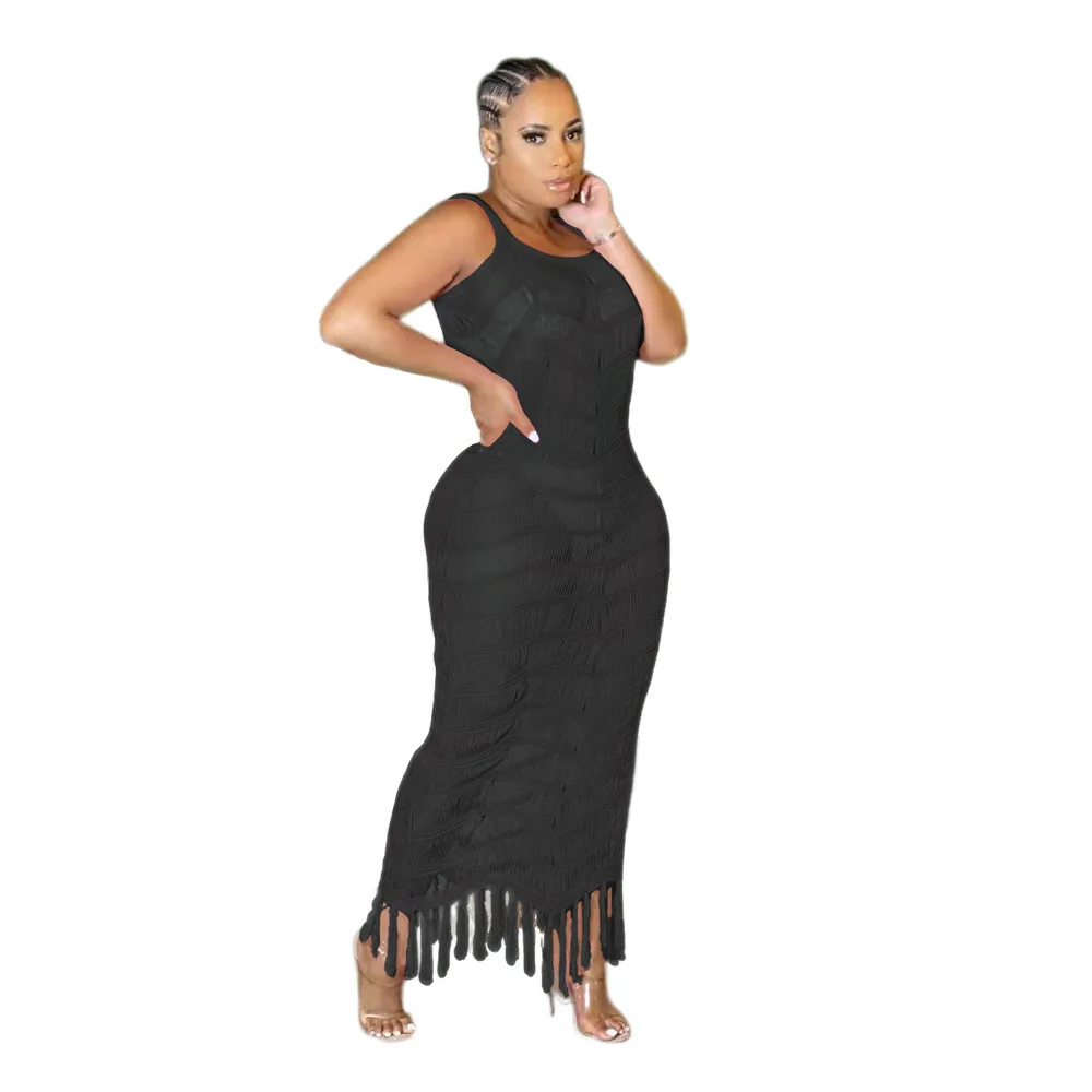 

Womens Dresses Knitted Tassel Beach Long Skirt Solid Color Sleeveless Sexy Summer Dresses