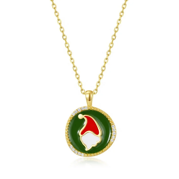 

New Dainty Gold Plated Christmas Gifts Women's Fashion Santa Claus Pendant S925 Silver Enamel Pendant Necklace Wholesale