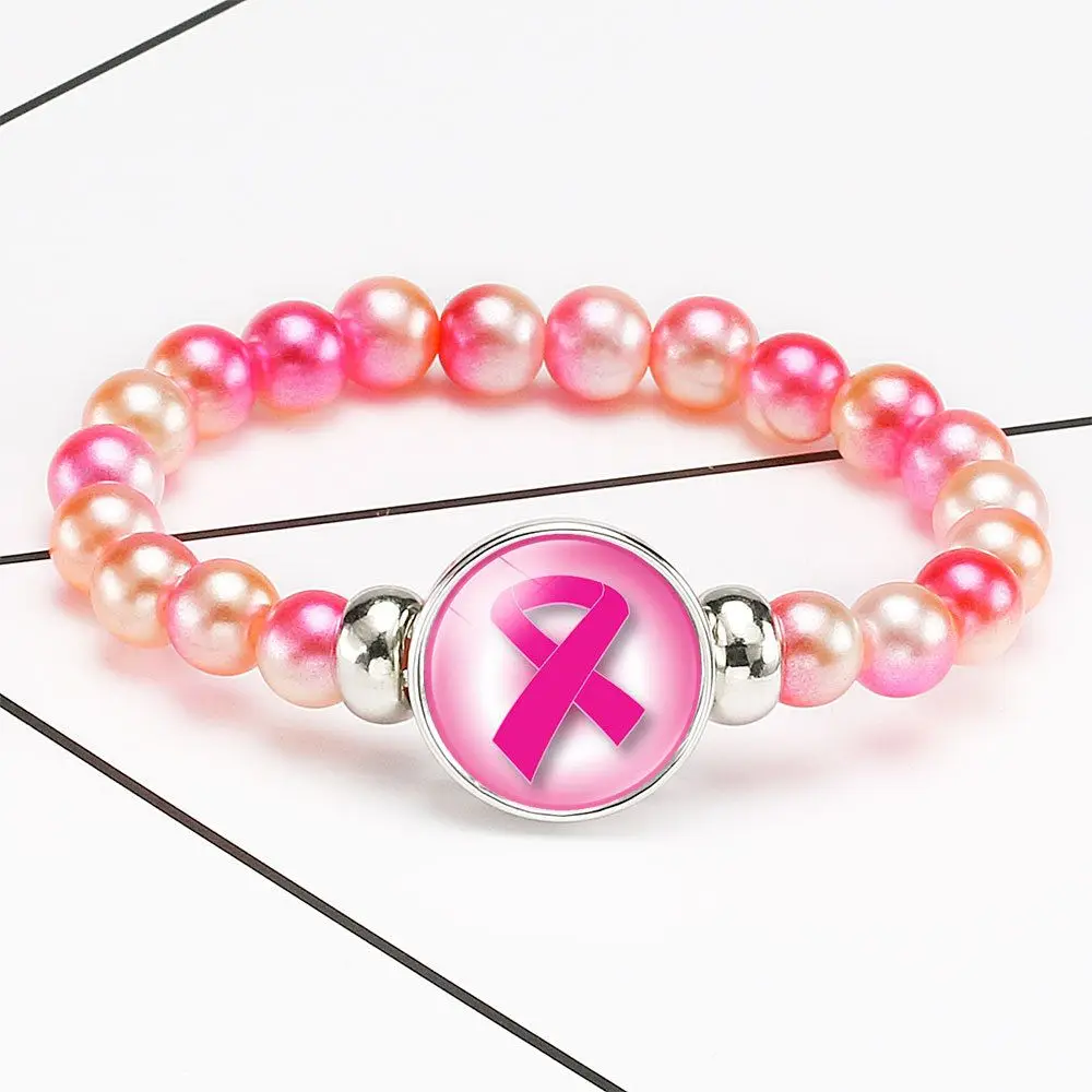

Breast Cancer Awareness Ribbon Jewelry Women's Gemstone Elastic Cord Beaded Bracelet, Same as picture