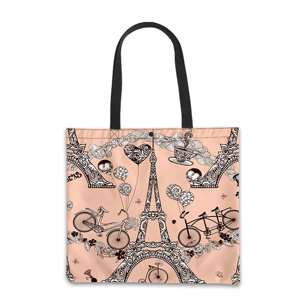 

New Arrivals custom design print on demand pattern Eiffel Tower Sublimation print reusable canvas large shopping tote bag