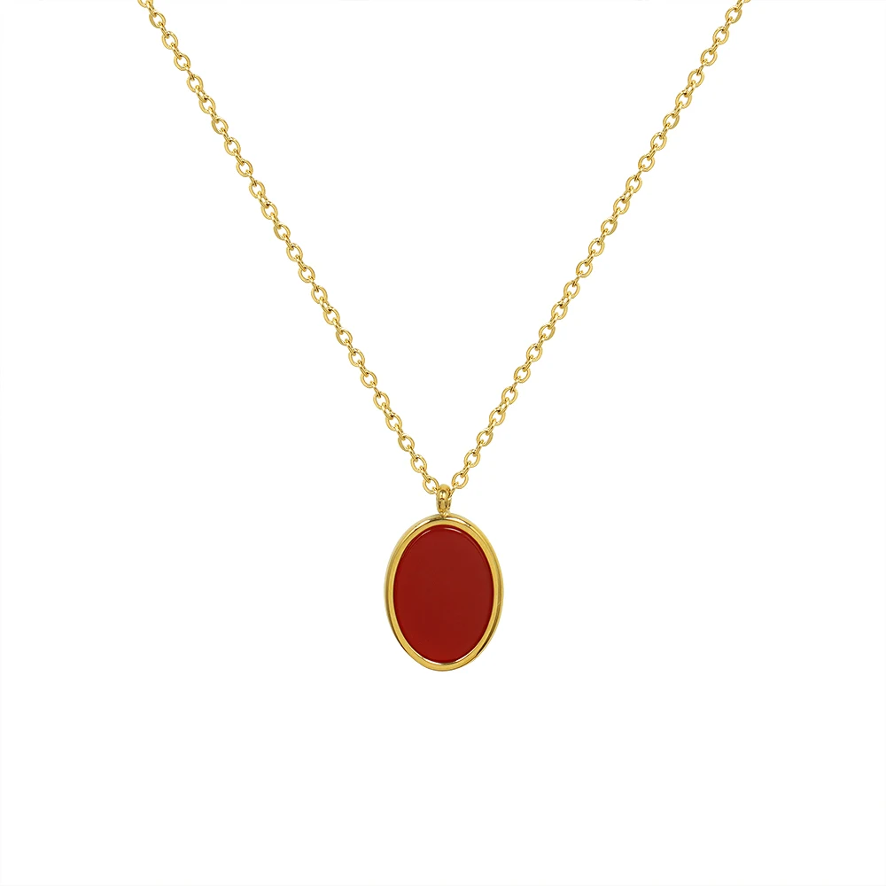 

Simple Vintage Red Acrylic Oval Pendant Stainless Steel 18k Gold Necklace, 18k gold/rose gold/silver