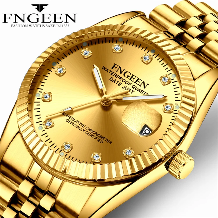 

High Quality FNGEEN 7008 luxury brand gold band business men quartz calendar watch steel waterproof men watch