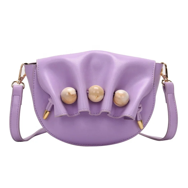 

Fashion PU Leather Candy Women Saddle Bag with Large Pearls Cloud Shape Girl Messenger Mini Shoulder Bag