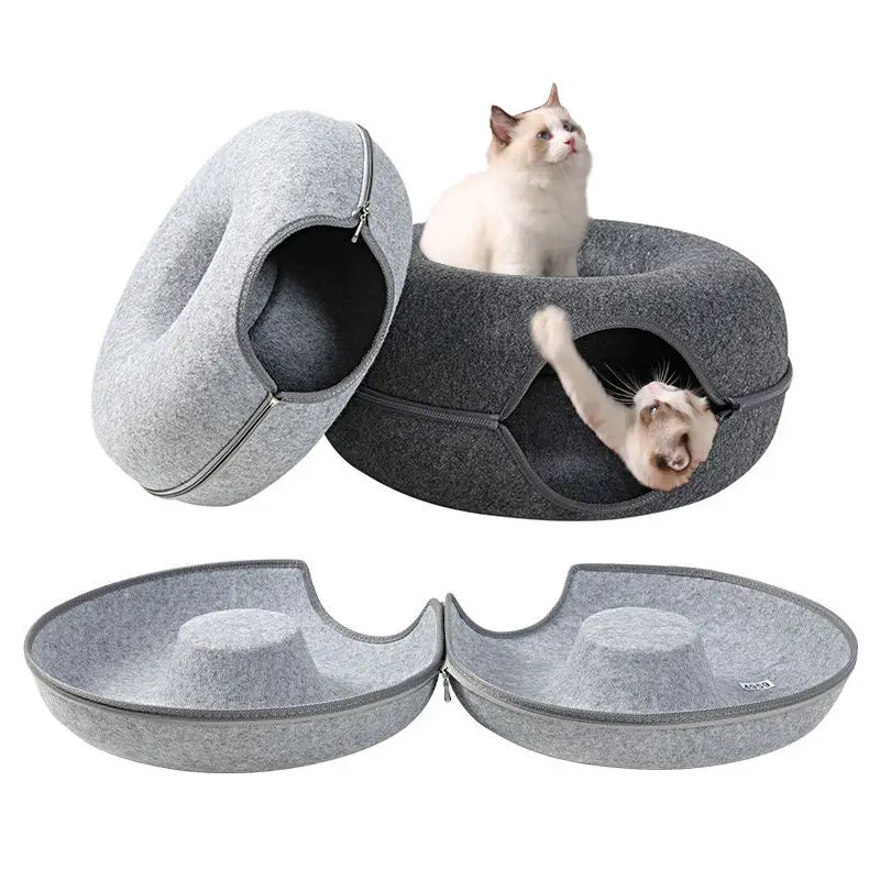 

Double-Layer Composite Structure Detachable Felt Material Washable Funny Cat Donut Tube Toy Cat Hole Tunnel Nest Bed Wholesale