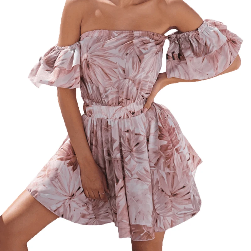 

Women Sexy Strapless Puff Sleeve Girdle Sundress Flroal Printed Summer Dresses
