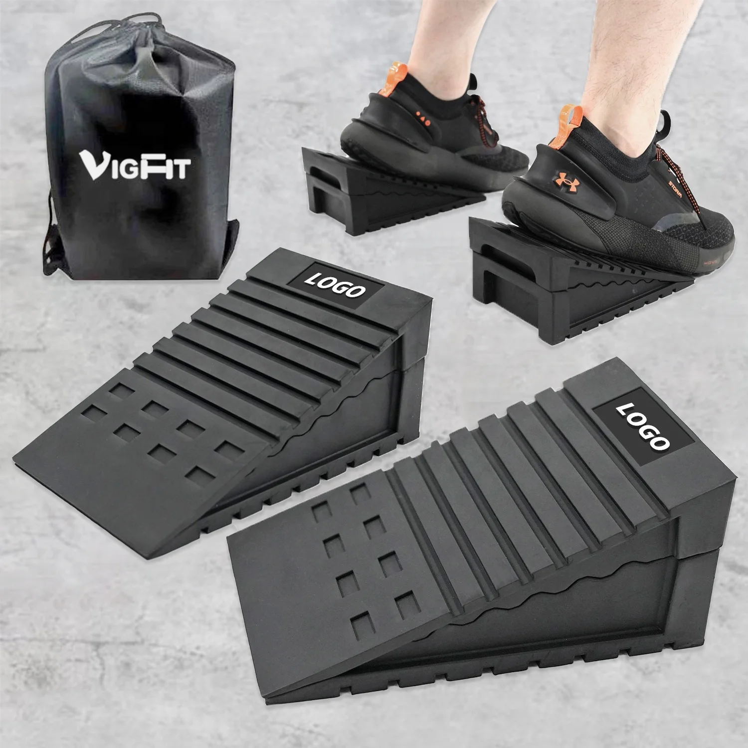 VIGFIT Gym Pair Adjustable Non-slip Nature Rubber Ramp Weightlifting Calf Stretcher Slant Board Squat Wedge Block(4PCS)