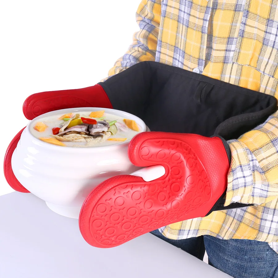 

extra long Custom Microwave Double Cotton Bbq Silicone Oven Mitt Kitchen Gloves with long sleeve, Red color