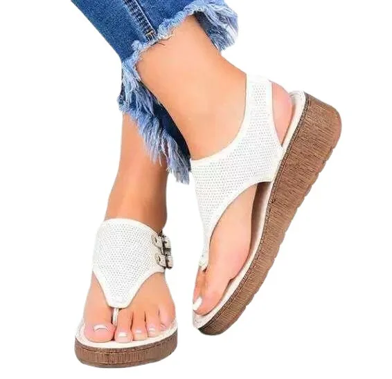 

Factory Sale Ladies Retro Sandals Solid Color Flip Flops Hollow Ankle Strap Belt Buckle Breathable Women Wedge Sandals