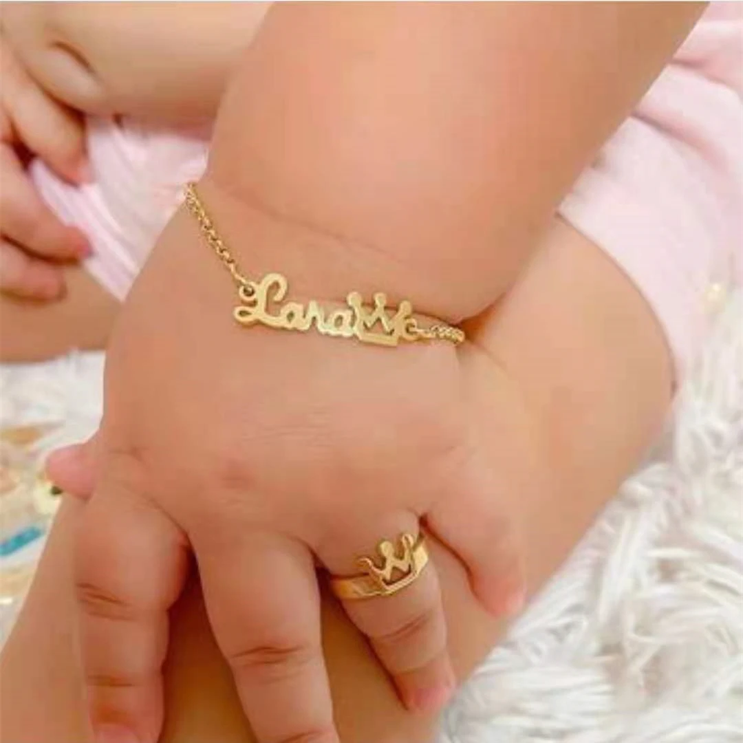 

2021 Stainless Steel Fashion stainless steel custom baby name bracelet ring plated with 18K gold for kids Gift, Gold,silver