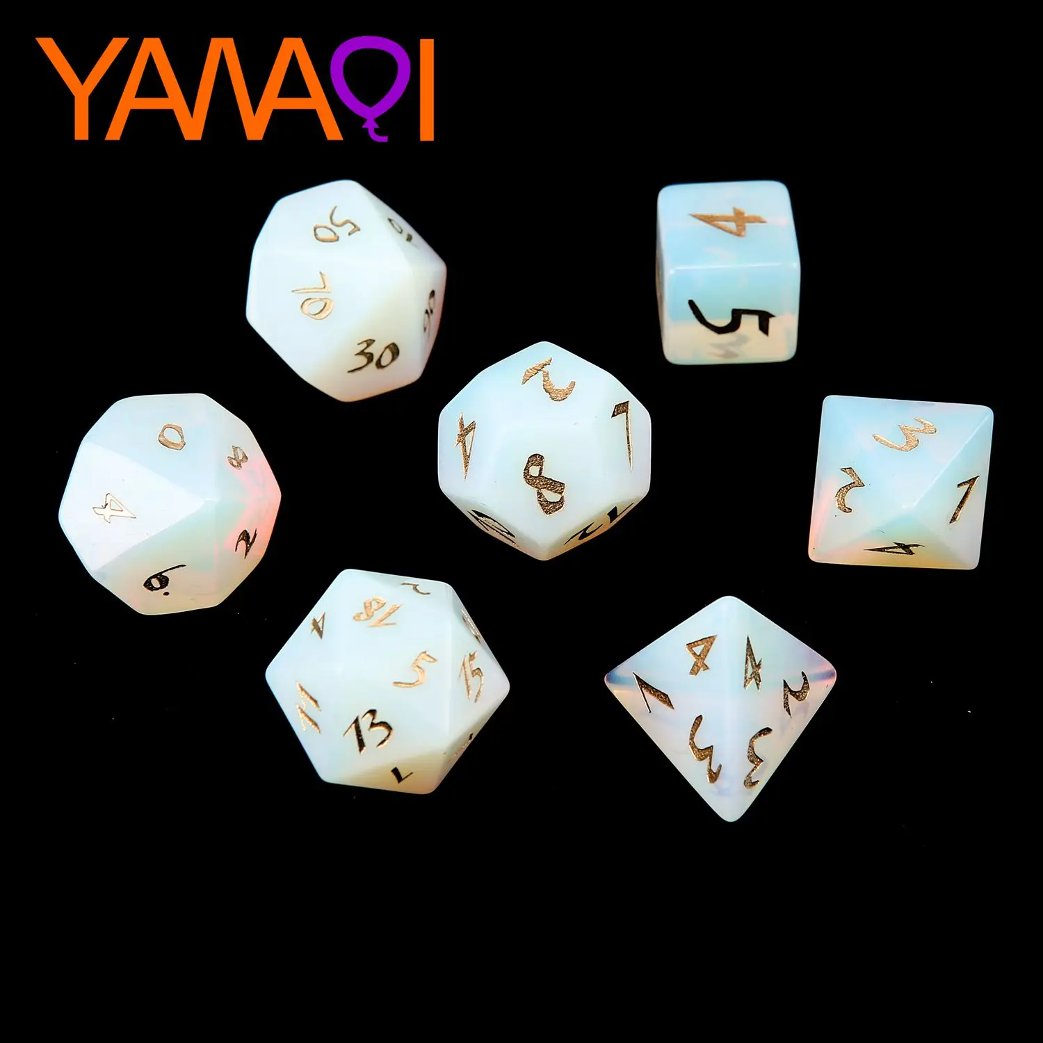 

Wholesale Custom carved mini font polyhedral dice Opal game dice set DND or RPG Opalite 7 PCS Z06