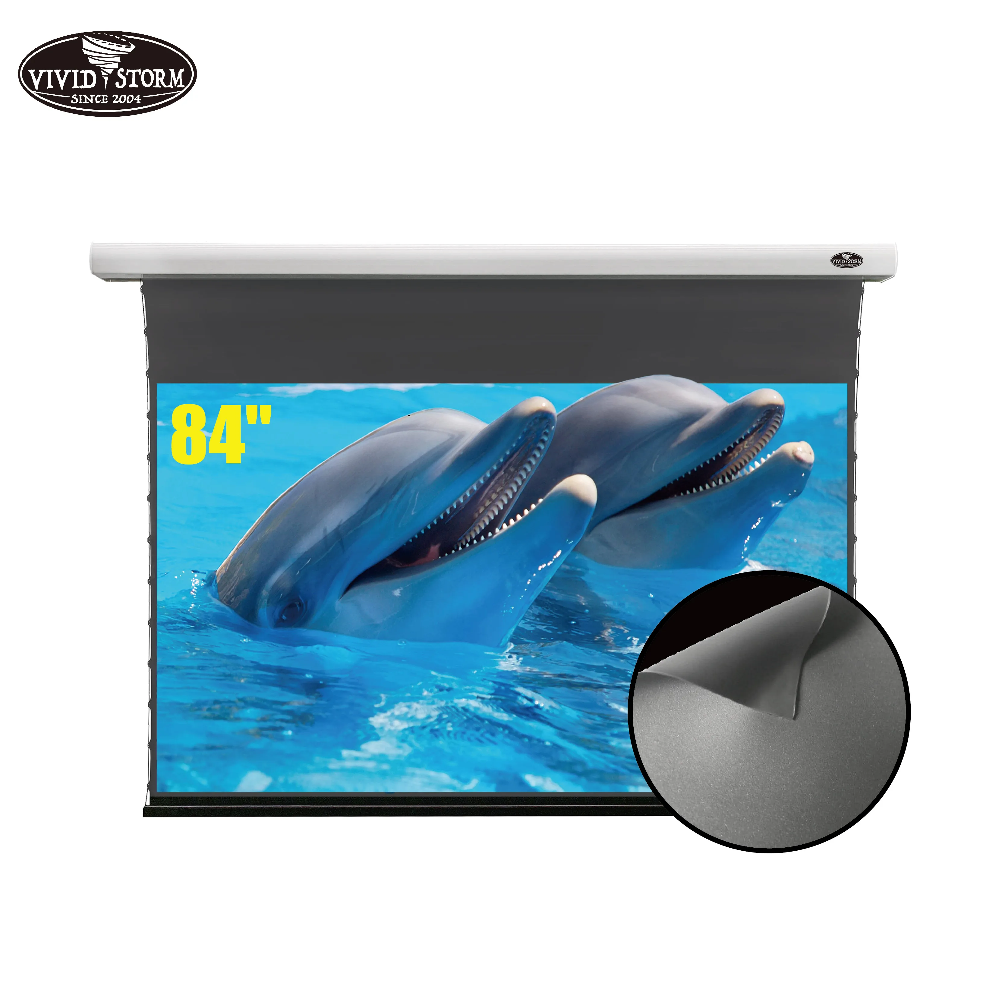 

VIVIDSTORM Slimline Electric Tab-tensioned Drop Down Screen, 84-inch 16:9 Ceiling and Wall,Ambient Light Rejecting VMSLALR84H