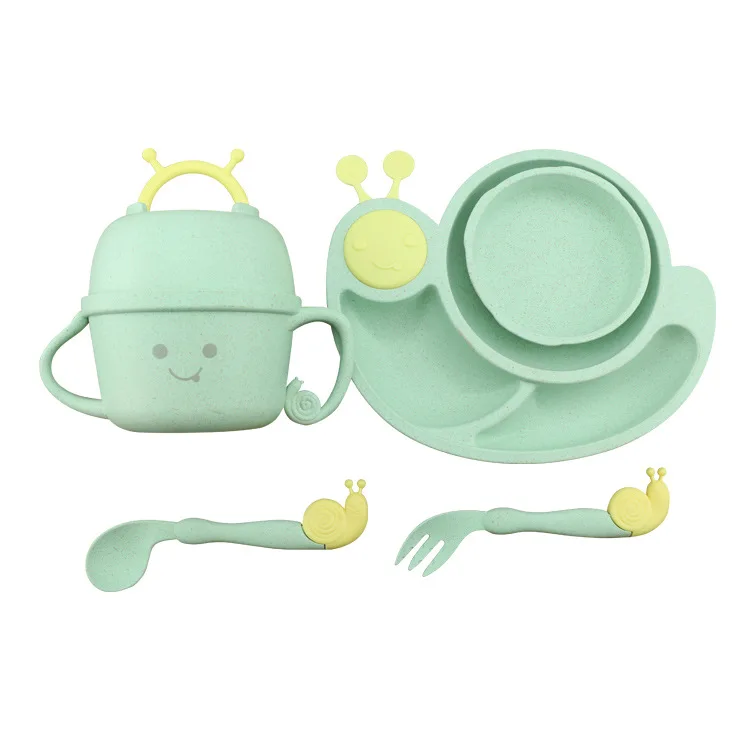 

Biodegradable wheat straw fiber tableware kids baby fork spoon plate bowl cup Sets food grade children Cutlery Dinnerware set, Green,pink,beige