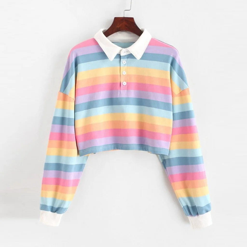 

Rainbow stripe lapel sweatshirt Sexy Navel Loose Long Sleeve Sweatshirt