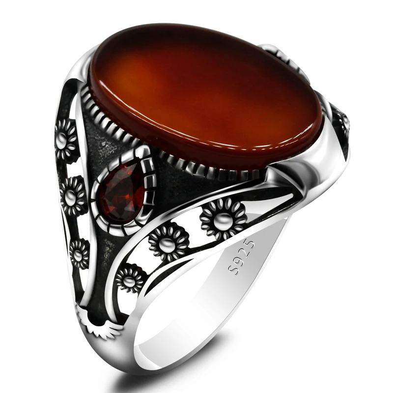 

Natural Agate Stone Ring for Men 925 Sterling Silver With Red CZ Thai Silver Unique Design Ring for Male Women Turkish Jewelry