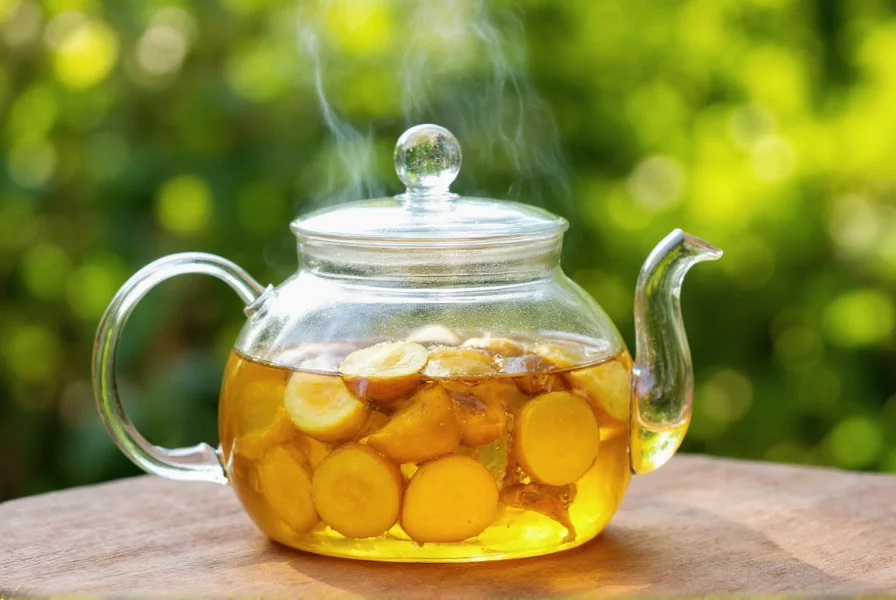 Fresh ginger root slices steeping in clear glass teapot with steam rising