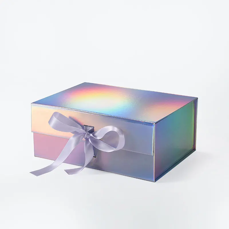 

Customized changeable ribbon style stock holographic cardboard magnet gift box with ribbon