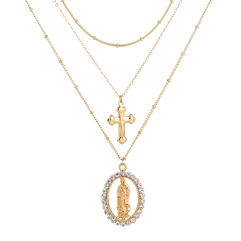 

Lady Multilayered Necklace With Gold Cross Figure Pendant Retro Design Jewelry