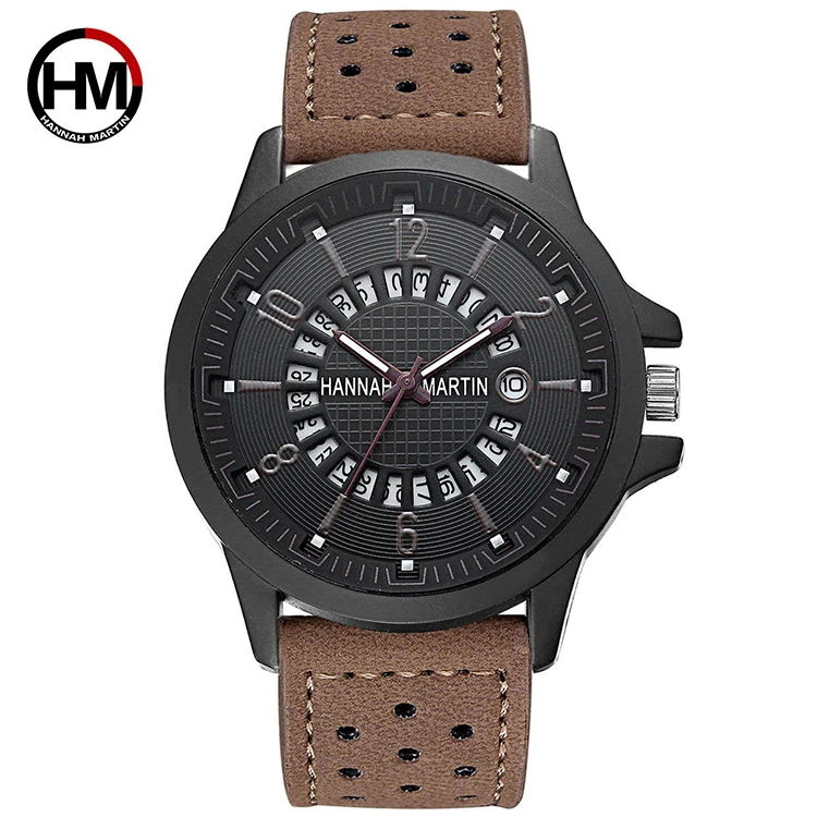 

HANNAH MARTIN 1601 Men Analog Quartz Hand Watch Best Cheap Leather Strap Day Date Calendar Casual Watches, As picture