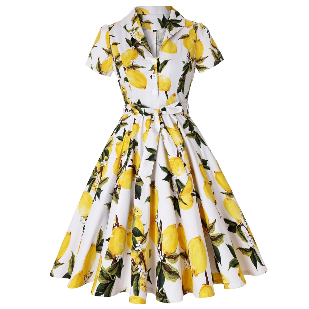 

2022 Summer Floral Lemon Dress 1950s 60s Rockabilly Vintage Dresses for Women Ladies Retro Circle Swing Dancing Swing Dress, Customized color